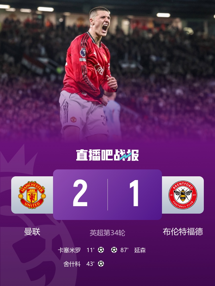 B费第19助卡塞米罗舍什科破门 曼联2-1布伦特福德距欧冠区11分 B费第19助卡塞米罗舍什科破门 曼联2-1布伦特福德距欧冠区11分